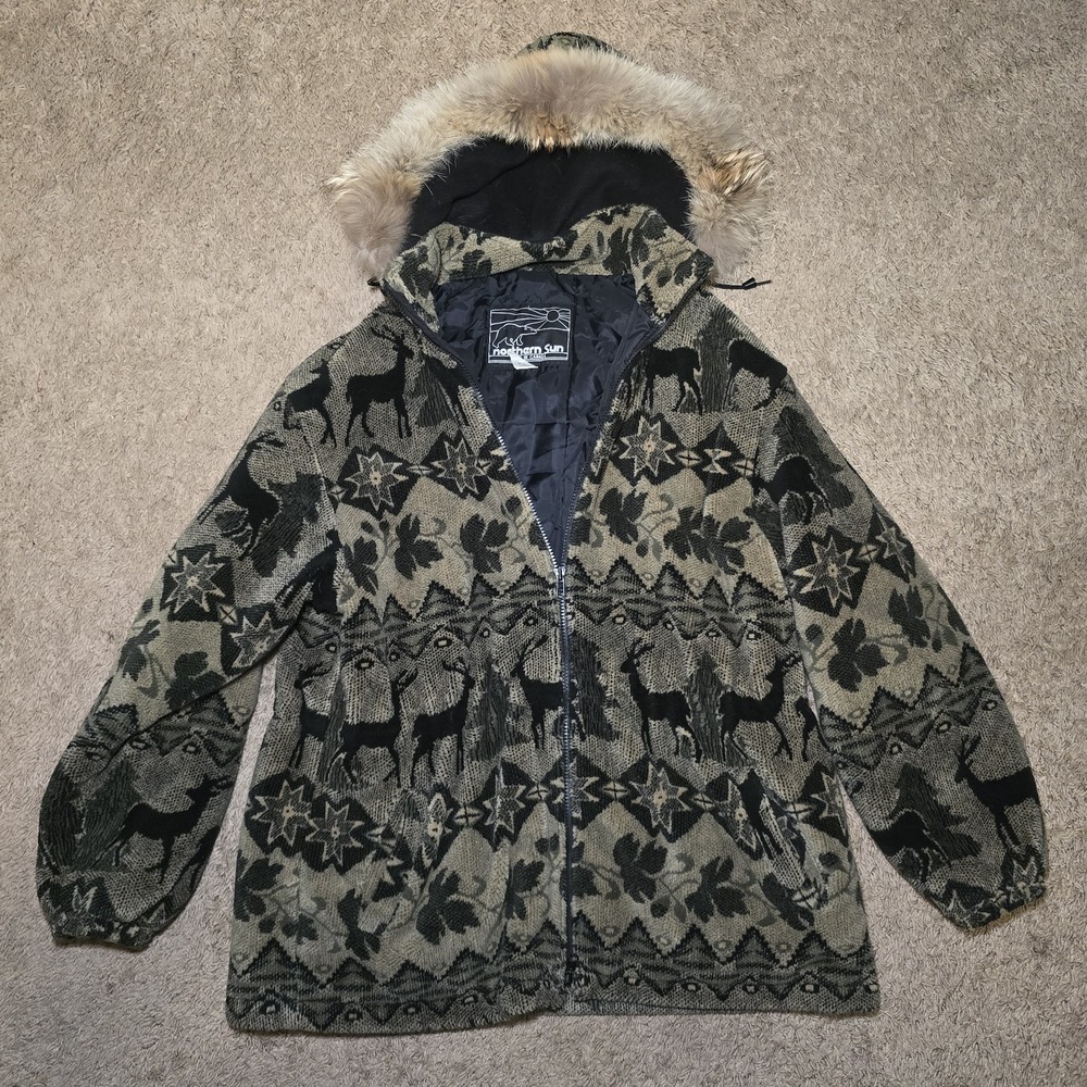 Vtg Northern Sun Elk Full Zip Fur Hood Parka Coat Women's Sz L Green Fleece